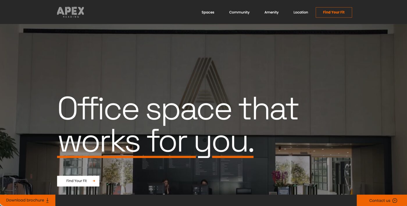 APEX Reading microsite homepage — 'Office space that works for you' over building photography