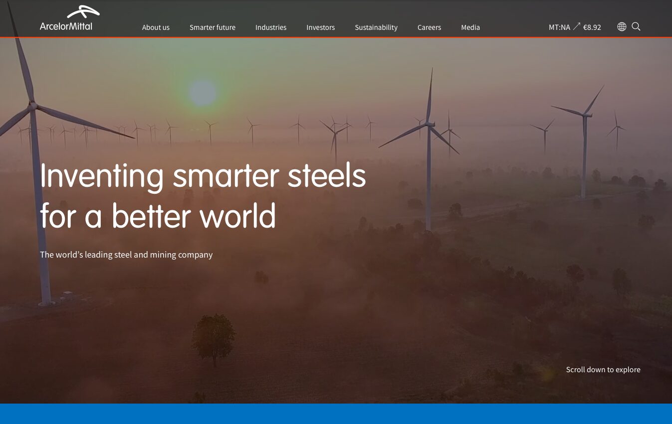 ArcelorMittal corporate website — a full-bleed 'Inventing smarter steels for a better world' brand statement