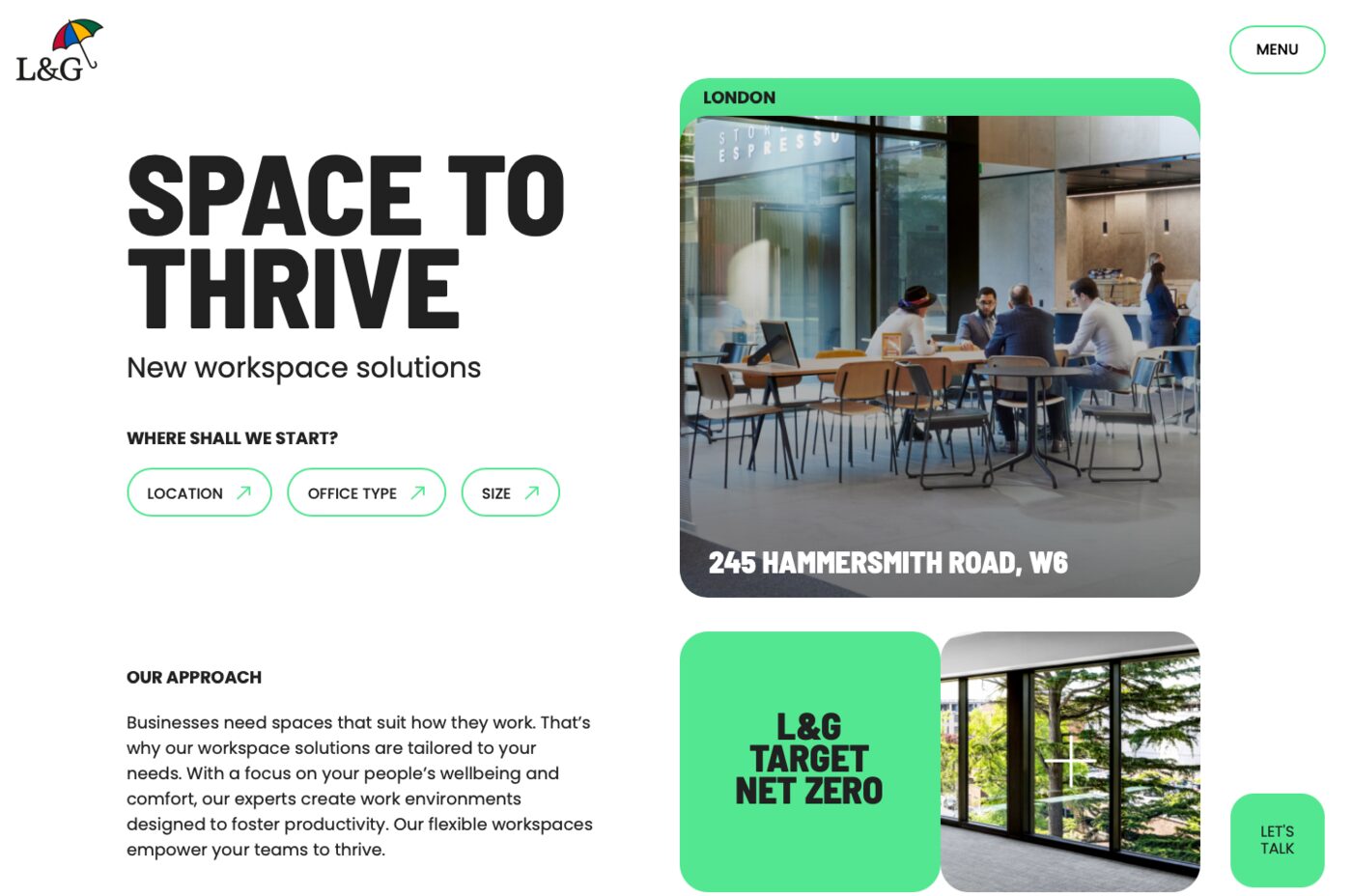LGIM workplace platform — the Space to Thrive homepage with location, office type and size search options over office photography