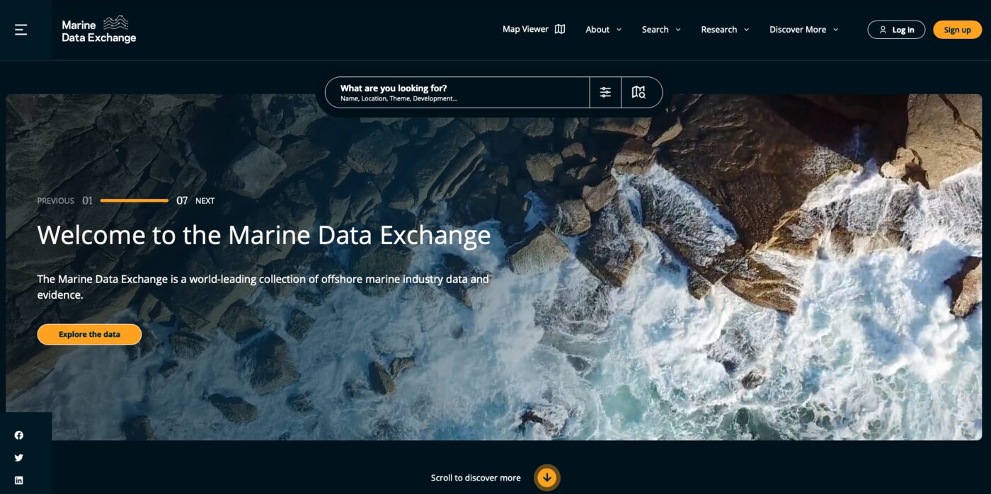 Marine Data Exchange homepage — a keyword search bar over full-bleed coastal photography
