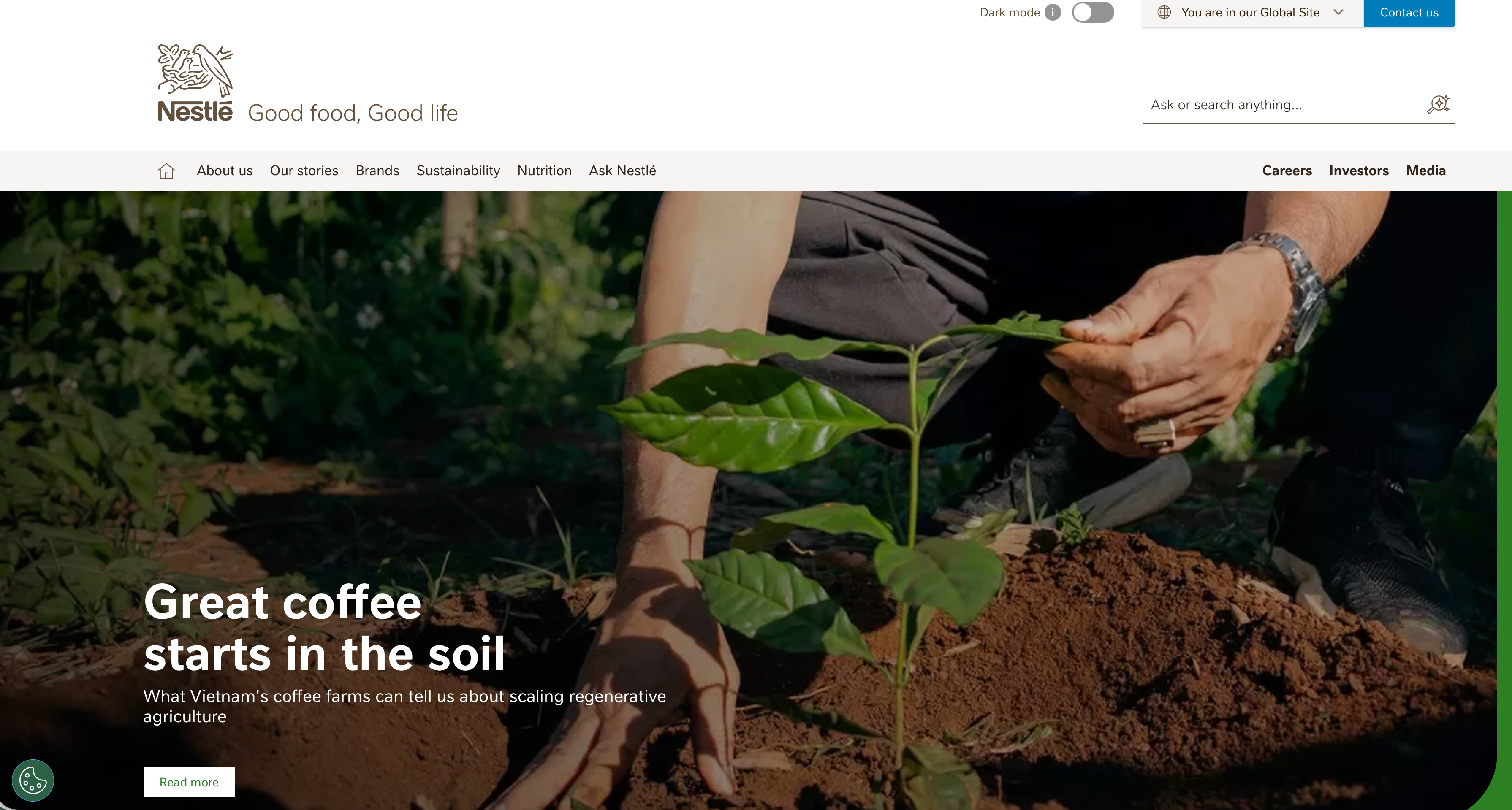 Nestlé homepage — a full-bleed editorial story, 'Great coffee starts in the soil'