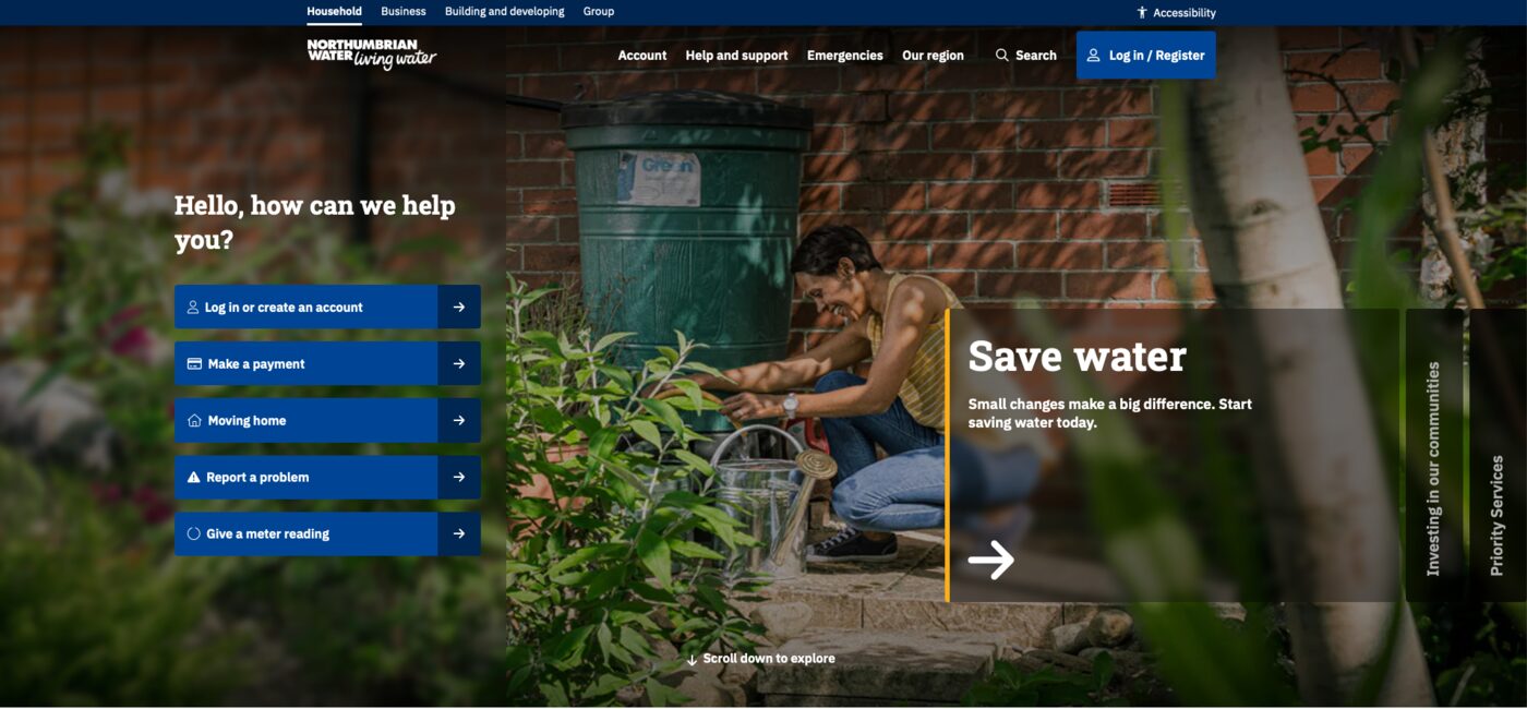 Northumbrian Water customer website — homepage with lifestyle photography and a water-saving campaign banner